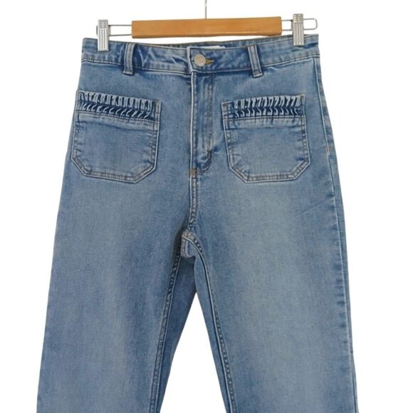 H&M Jeans Stylish Blue Denim Crop High Waist Ruched Pocket Braided Flared Size 6 - Picture 5 of 15